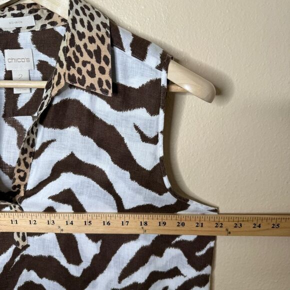 Chico's Shirt Women's Large 100% Linen No Iron Sleeveless Top Tunic Animal Print - Picture 8 of 12